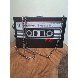 Retro Cassette Tape Box Clutch Crossbody Bag Black Silver Chain Music Mix AI60